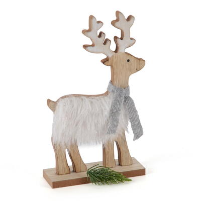Elch mit Fell, Dekofigur, Holzelch, Weihnachtsfigur, Weihnachtsdeko, Winterdeko
