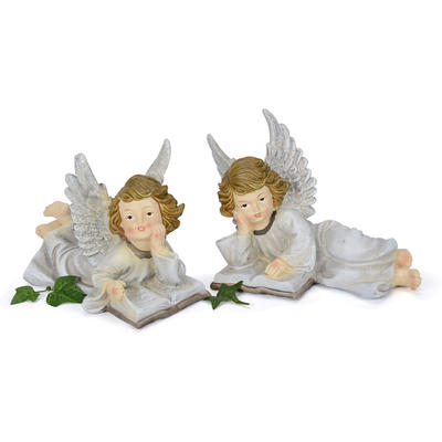 Engel mit Buch und Glitzerflügel, Dekofigur, Weihnachtsengel, Weihnachtsdeko
