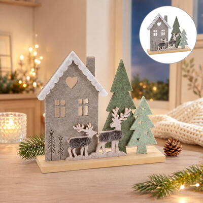 Filzhaus mit Tannen, Filzdeko, Filz Aufsteller Winter, Weihnachtsdeko, Filz-Haus