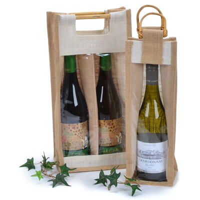 Flaschentüte mit Sichtfenster aus Jute, Geschenktüte für Flasche, Geschenkverpackung Flasche, Flaschenverpackung, Flaschentasche