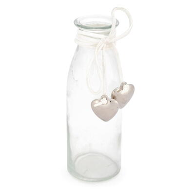 Glasflasche mit Herzanhängern, Vase, Glasvase, Dekoflasche, Väschen, Tischdeko