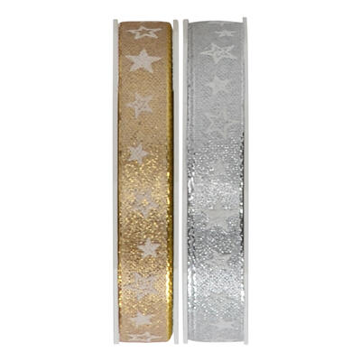 Glitterband Sterne, Dekorband mit Sternen, Weihnachtsband, Band, Silberband, Goldband, Geschenkband