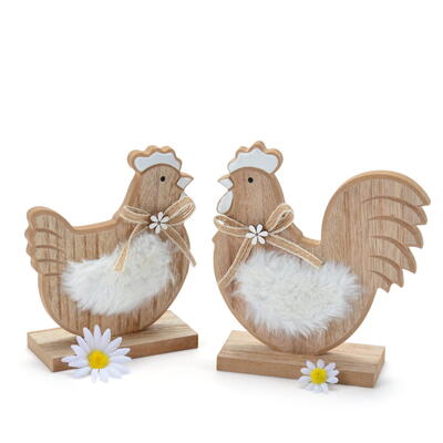 Hahn und Henne mit Fell aus Holz natur-wei, Dekofigur Huhn, Frhlingsdeko, Holzhahn, Holzfigur Frhling, Osterdeko