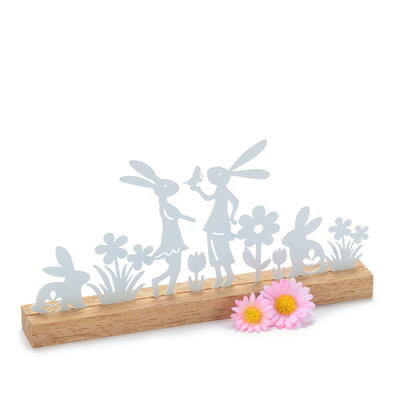 Hasen mit Blumen auf Holzfuß, Metallhasen, Osterdeko, Osterhasen aus Metall auf Holz