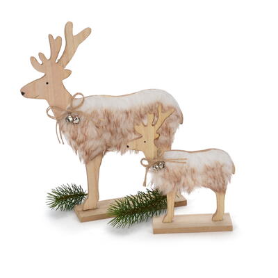 Hirsch mit Fell, Holzhirsch, Elche, Winterdeko, Wald, Weihnachtsdeko