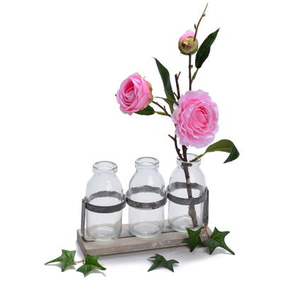 Holz-Metall-Gestell mit 3 Glasflaschen, Tischdeko, Glasvasen in Gestell, Glasgef, Vasen in Gestell