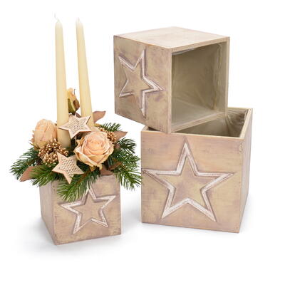 Holz-Pflanzkisten-Set Stern, Holzkiste, Pflanzgefäß aus Holz, Kiste zum Bepflanzen, Holzdeko, Holz-Pflanzgefäß, Weihnachtstopf