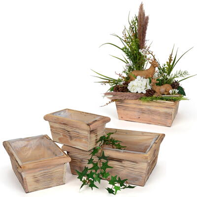 Holz-Pflanzkisten-Set natur geflammt, Holzkiste, Kisten zum Beflanzen, Holzdeko, Pflanzgefäß aus Holz