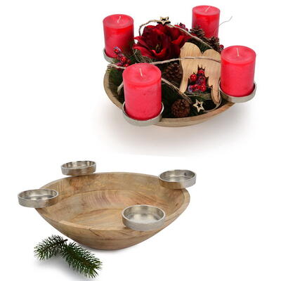 Holz-Schale mit Kerzenhalter, Deko-Schale, Adventskranz, Adventsschale, Weihnachtsdeko