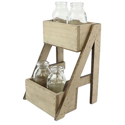 Holzaufsteller mit Glasflaschen, Vasen, Glasfaschen, Holzdeko mit Vasen, Blumenvasen