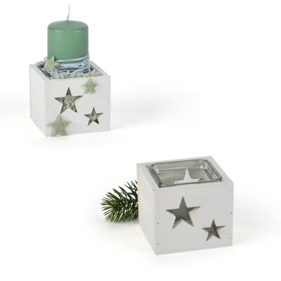 Holzbox Sterne mit Glas, Kerzenglas in Holzkiste, Weihnachtsdeko, Kerzenhalter Sterne, Holzdeko Weihnachten, Teelichtglas