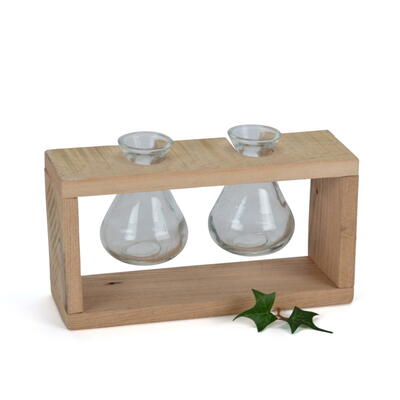Holzgestell mit 2 Glasvasen, Tischdeko, Glasflaschen in Gestell, Vasen, Vschen, Blumenvasen in  Holztrger
