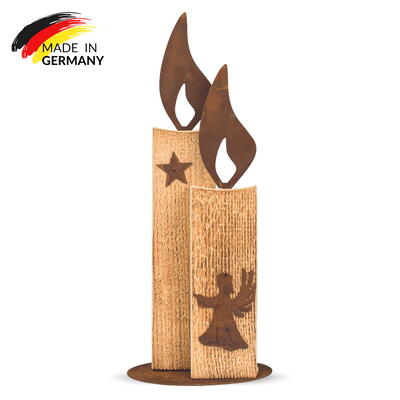 Holzkerzen mit Metallflamme, Dekokerze aus Holz, Metall-Holz-Kerze zum Stellen, Weihnachtsdeko