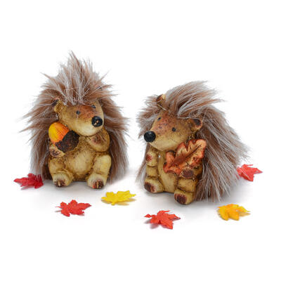 Igel mit Plschfell, Dekofigur Igel, Keramik Igel, Herbstdeko, Herbstfigur