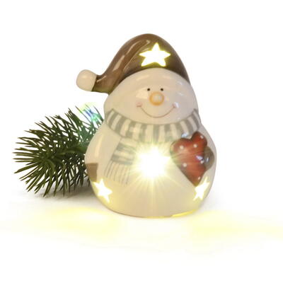 Keramik-Schneemann mit LED, Dekofigur Schneemann, Winterdeko, Winterfigur, LED-Figur, LED-Schneemann