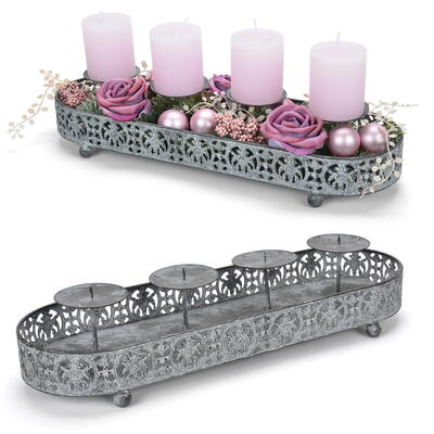 Kerzentablett aus Metall grau, Adventsgesteck oval, Adventskranz, Weihnachtsdeko, Kerzenhalter, Dekotablett Advent