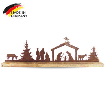 Krippe, Krippenszene aus Metall auf Holzfu, Metallkrippe, Metalldeko, Rostdeko, Rostartikel. Weihnachtsdeko