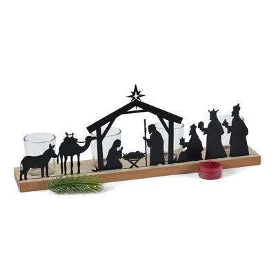 Krippenszene mit Glser, Krippe, Krippenszene aus Metall auf Holzfu, Metallkrippe, Metalldeko, Weihnachtsdeko