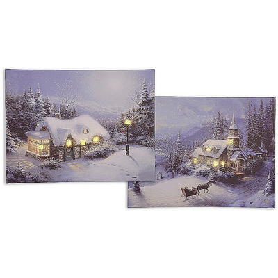 LED Leinwandbild Winterlandschaft, Kirche mit Schlitten
