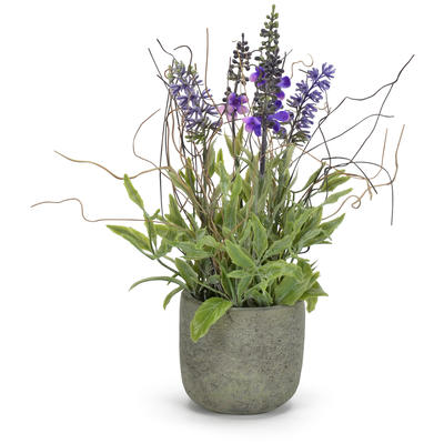 Lavendel im dekorativen Zementtopf, Kunstpflanze im Topf, künstliche Blume, getopfte Kunstblume