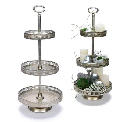 Metall-Etagre antiksilber, Etagere aus Metall, Deko-Etagere, Metall-Tabletts, Deko-Tabletts