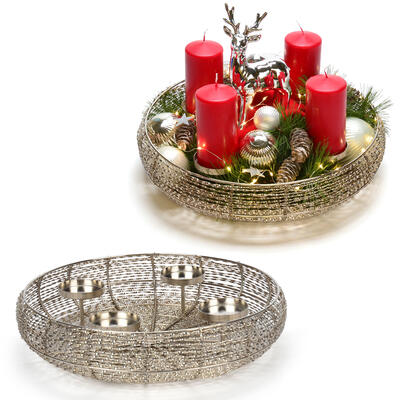Metallkorb mit Kerzenhalter, Adventskranz, Adventsschale, Adventsgesteck, Schale aus Metall silber, Kerzenleuchter
