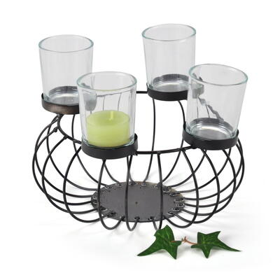 Metallkorb mit Teelichtglsern rund, Adventskranz, Adventsschale, Adventsgesteck, Schale aus Metall schwarz, Kerzenleuchter