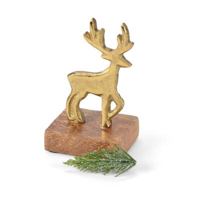 Metallrentier auf Holzfu gold, Hirsch, Weihnachtsdeko, Deko Weihnachten, Walddeko