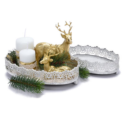 Metalltablett Set 2-teilig oval, Dekotablett aus Metall, Metallschale, filigranes Tablett