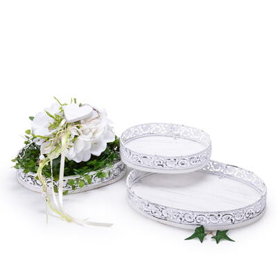 Metalltablett Set 3-teilig oval, Dekotablett aus Metall und Holzboden, Metallschale, filigranes Tablett