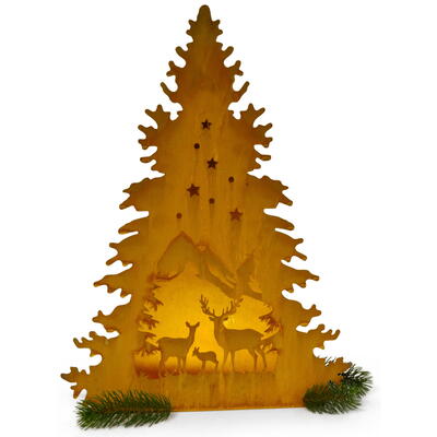 Metalltanne mit Waldmotiv und LED, Deko-Baum aus Metall, Rost-Tanne beleuchtet, Weihnachtsdeko, Tannenbaum aus Metall Rost, Rost