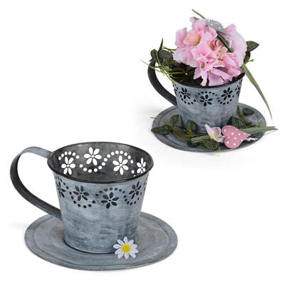 Pflanztasse mit Blmchen, Pflanzgef aus Zink, bertopf Zink, Metalltopf, Tasse aus Zink