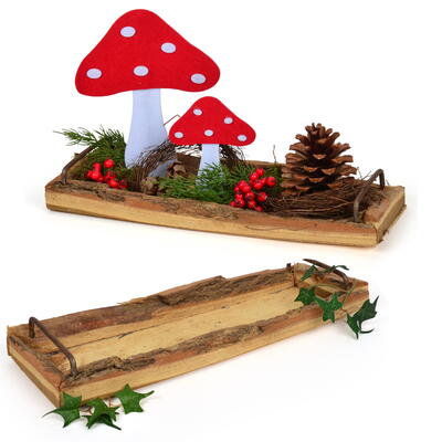 Rindenholztablett mit Metallbügel, Holztablett, Tablett aus Holz, Tablett mit Rinde, Deko-Tablett
