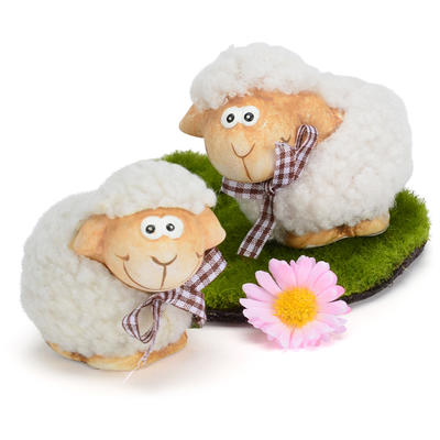Schaf mit Plüschfell, Keramik, Dekofigur Frühling, Frühlingsdeko