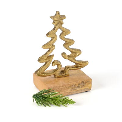 Tanne auf Holzfu gold, Weihnachtsdeko, Deko Weihnachten, Walddeko , Tannenbumchen, Metall-Baum Deko
