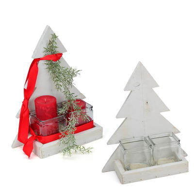 Tanne mit 2 Glaswürfel, Kerzenständer, Dekobaum, Weihnachtsdeko, Holzdeko