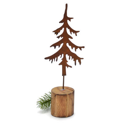 Tannenbaum auf Holzfuß, Dekobaum Rost, Rostdeko, Weihnachtsdeko, Metallbaum auf Holzsockel, Edelrost