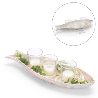 Teelichthalter Fisch, Holzfisch mit Kerzenglas, Tischdeko Kommunion/Konfirmation, Holztablett Fisch, Maritime Deko