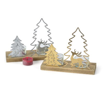 Teelichthalter Wald, Kerzenhalter, Kerzenstnder, Aufsteller Holz mit Kerzenglas, Windlicht Winterszene