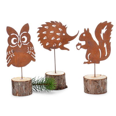 Tiere auf Holzsstamm, Rost-Deko, Rostdeko, Eichhrnchen, Eule, Igel, Rostiere auf Holzsockel