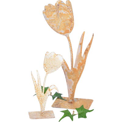 Tulpe aus Metall Rost weiß gewischt, Dekoblume, Aufsteller Blume, Metallblume, Dekoblume