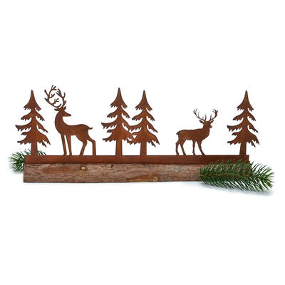 Waldszene auf Holzstamm aus Metall Rost, Dekoaufsteller Rost, Weihnachtsdeko, Metalldeko, Rostdeko