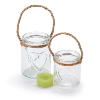 Windlicht, Kerzenhalter aus Glas, Glaswindlicht, Windlicht mit Halter, Windlicht mit Jute, Vase, Glasgef Herz, Teelichthalter,