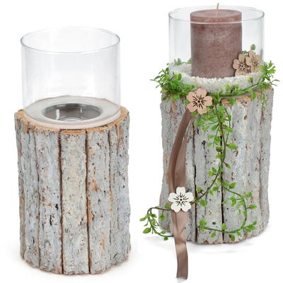 Windlicht im Rinden-Holzsockel, Kerzenglas, Kerzenstnder