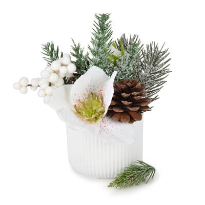 Winter-Arrangement im Topf, Wintergesteck, Winterdeko, Weihnachtsdeko, knstliches Gesteck im Topf