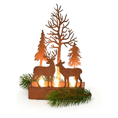 Winterlandschaft mit LED, Rost-Deko, Metallaufsteller Wald, Winterwald beleuchtet, LED-Deko, Edelrost