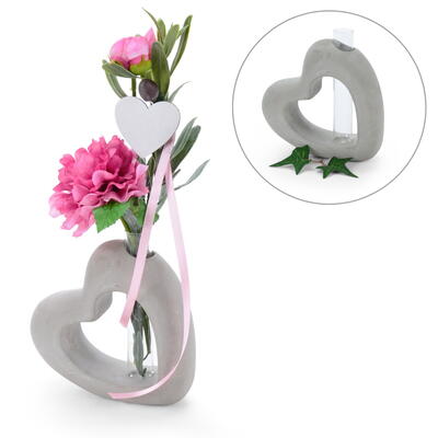 Zementherz mit Reagenzglas, Herz mit Reagenzglas, Vase im Herz, Hochzeitsdeko, Herz mit Vase
