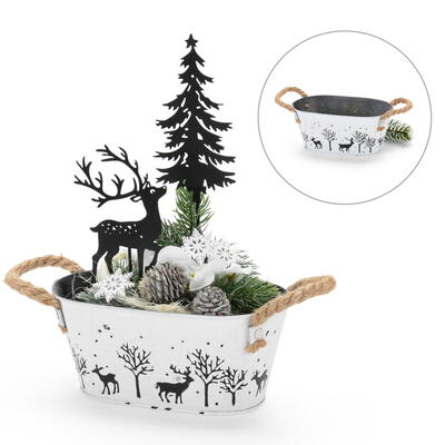 Zinkjardiniere, Zinktopf Winter, Pflanztopf aus Metall, �bertopf Weihnachten, Topf mit Waldmotiv, Pflanztopf aus Zink, Weihnacht