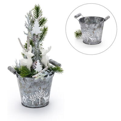 Zinktopf mit Henkeln Wintermotiv, Dekotopf, Pflanztopf, �bertopf, Weihnachtsdeko, Winterdeko-Topf