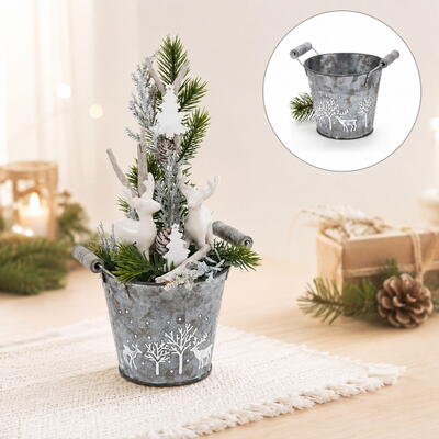 Zinktopf mit Henkeln Wintermotiv, Dekotopf, Pflanztopf, �bertopf, Weihnachtsdeko, Winterdeko-Topf